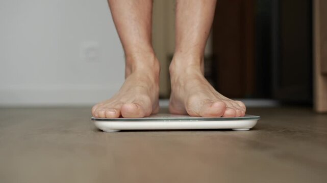 A man checks his weight by stepping onto an electronic scale.
A man stands on the scale to find out his weight.