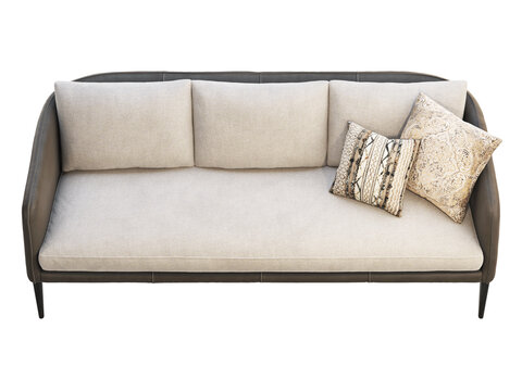 Beige three-seat sofa with dark brown leather arms and base, tapered legs, and decorative patterned cushions, shown as a 3D render and visualization for contemporary interiors.