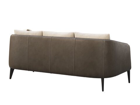 Beige three-seat sofa with dark brown leather arms and base, tapered legs, and decorative patterned cushions, shown as a 3D render and visualization for contemporary interiors.