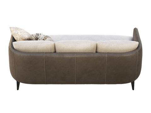 Beige three-seat sofa with dark brown leather arms and base, tapered legs, and decorative patterned cushions, shown as a 3D render and visualization for contemporary interiors.
