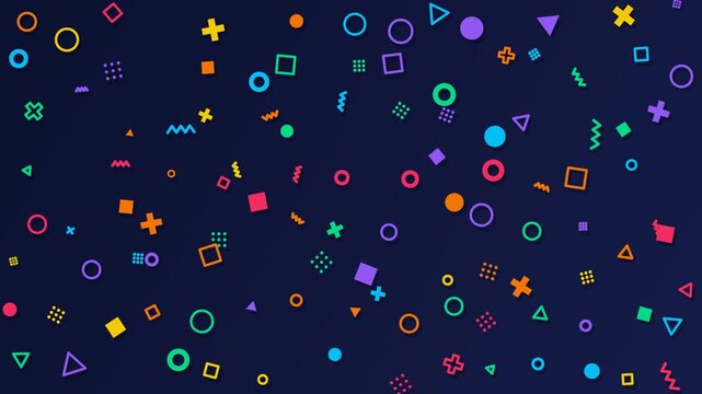 Vivid geometric shapes floating on a deep navy background, seamless loop
