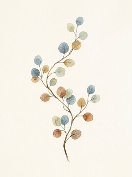 Delicate watercolor botanical illustration of a graceful branch with soft, muted fall leaves, ideal for a serene cover design or an artistic background element