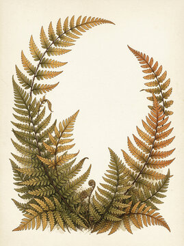 Autumnal fern foliage frame illustration, perfect for fall cover design and natural background texture, evoking a seasonal botanical graphic