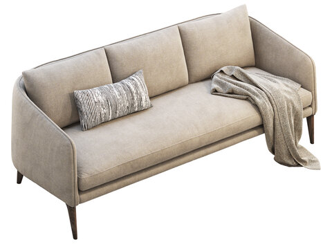Beige upholstered three-seat sofa with curved arms, slim wooden legs, decorative striped cushion and herringbone throw, shown as a 3D render and visualization for modern interiors.
