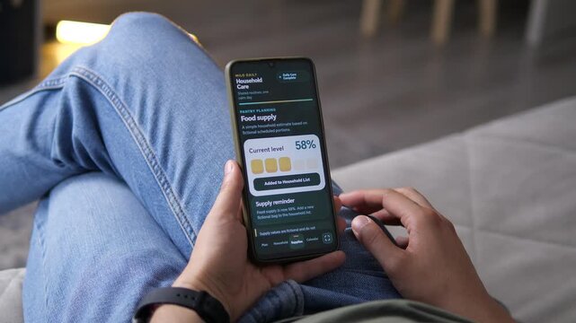 Person checks household food supply on a smartphone, using a digital pantry planner to track stock levels and manage everyday home routines with greater convenience.