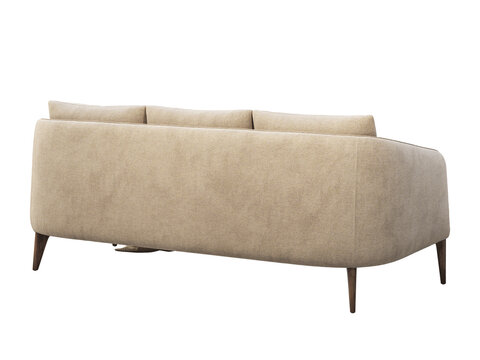 Beige upholstered three-seat sofa with curved arms, slim wooden legs, decorative striped cushion and herringbone throw, shown as a 3D render and visualization for modern interiors.