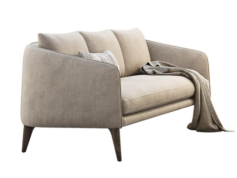 Beige upholstered three-seat sofa with curved arms, slim wooden legs, decorative striped cushion and herringbone throw, shown as a 3D render and visualization for modern interiors.