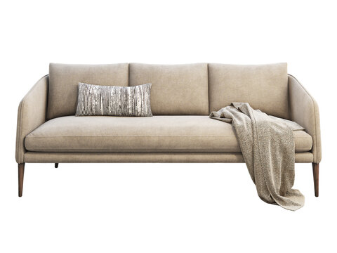 Beige upholstered three-seat sofa with curved arms, slim wooden legs, decorative striped cushion and herringbone throw, shown as a 3D render and visualization for modern interiors.
