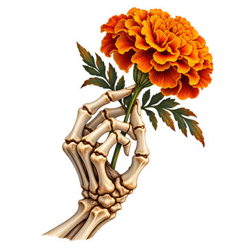 Skeleton Hand Holding a Vibrant Orange Marigold Flower with Dark Green Leaves for Halloween and Botanical Gothic Art Isolated on Transparent Background