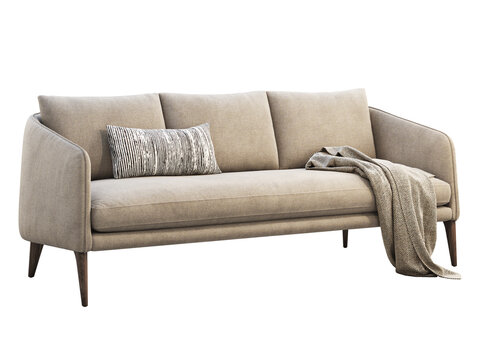 Beige upholstered three-seat sofa with curved arms, slim wooden legs, decorative striped cushion and herringbone throw, shown as a 3D render and visualization for modern interiors.