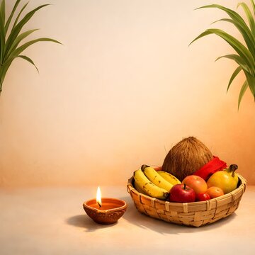 Tropical fruit basket with lit candle for warm summer vacation or
