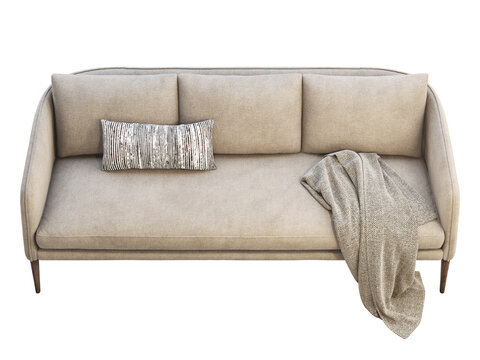 Beige upholstered three-seat sofa with curved arms, slim wooden legs, decorative striped cushion and herringbone throw, shown as a 3D render and visualization for modern interiors.