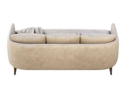 Beige upholstered three-seat sofa with curved arms, slim wooden legs, decorative striped cushion and herringbone throw, shown as a 3D render and visualization for modern interiors.