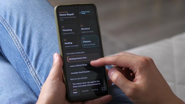 Mobile home repair app guides a user from selecting a fixture problem to digital diagnosis and service booking, highlighting the rise of convenient on-demand household maintenance.