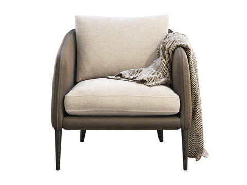 Beige upholstered armchair with dark brown leather sides and base, tapered legs, a textured herringbone throw and neutral back cushion, shown as a 3D render and visualization.
