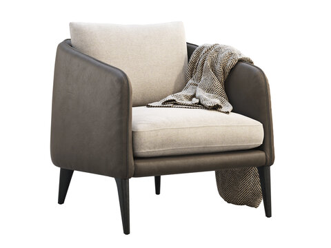 Beige upholstered armchair with dark brown leather sides and base, tapered legs, a textured herringbone throw and neutral back cushion, shown as a 3D render and visualization.