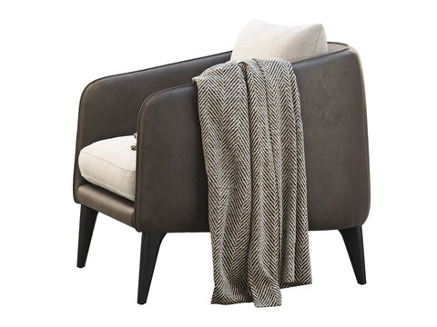 Beige upholstered armchair with dark brown leather sides and base, tapered legs, a textured herringbone throw and neutral back cushion, shown as a 3D render and visualization.
