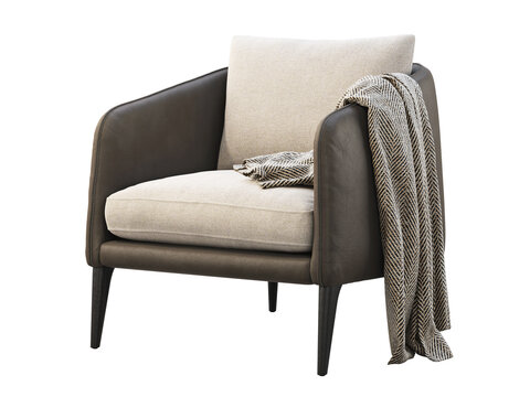 Beige upholstered armchair with dark brown leather sides and base, tapered legs, a textured herringbone throw and neutral back cushion, shown as a 3D render and visualization.