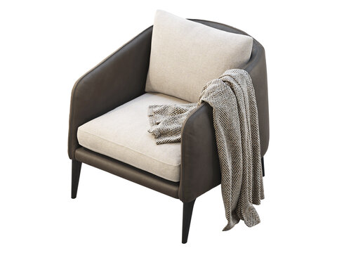 Beige upholstered armchair with dark brown leather sides and base, tapered legs, a textured herringbone throw and neutral back cushion, shown as a 3D render and visualization.