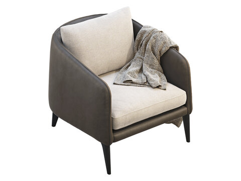 Beige upholstered armchair with dark brown leather sides and base, tapered legs, a textured herringbone throw and neutral back cushion, shown as a 3D render and visualization.