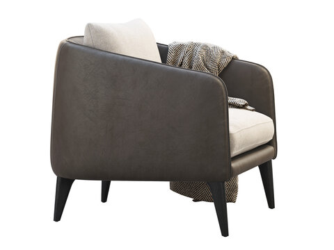 Beige upholstered armchair with dark brown leather sides and base, tapered legs, a textured herringbone throw and neutral back cushion, shown as a 3D render and visualization.