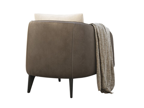 Beige upholstered armchair with dark brown leather sides and base, tapered legs, a textured herringbone throw and neutral back cushion, shown as a 3D render and visualization.