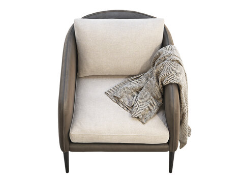 Beige upholstered armchair with dark brown leather sides and base, tapered legs, a textured herringbone throw and neutral back cushion, shown as a 3D render and visualization.