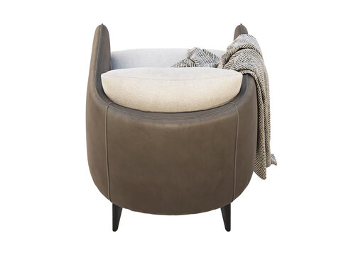 Beige upholstered armchair with dark brown leather sides and base, tapered legs, a textured herringbone throw and neutral back cushion, shown as a 3D render and visualization.