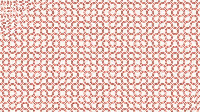 Coral Truchet tile maze pattern rotating in waves on white, seamless loop