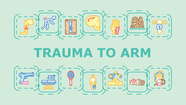 Trauma to arm banner infographic. Swelling contusion, strain wound, dislocation laceration icon vector illustration