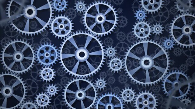 Bluish chrome interlocking gears turning together on navy, seamless loop