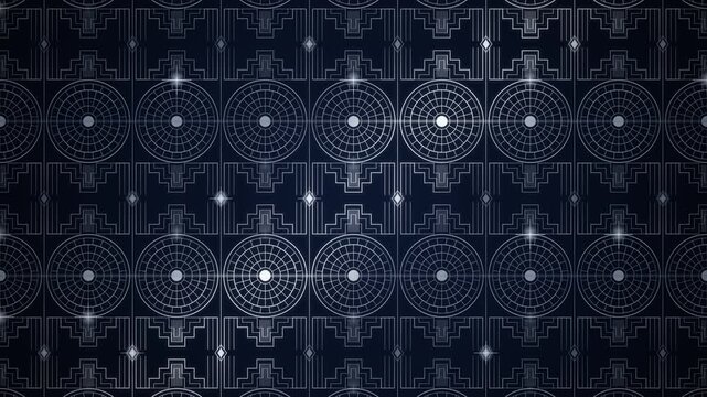 Cool silver art deco ornamental pattern on navy with a sweeping shine, seamless loop