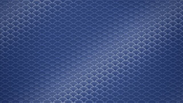 Indigo and white Japanese seigaiha wave pattern with a flowing shine, seamless loop