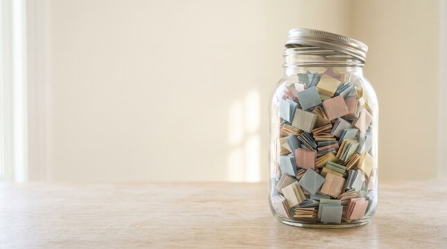 Colorful memory jar with paper notes on table