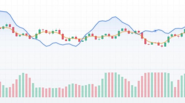 Financial candlestick chart and line graphs scrolling on a bright white screen, seamless loop
