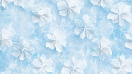 Fototapeta premium Delicate white flowers scattered on soft light blue background create serene and calming atmosphere, perfect for various design projects