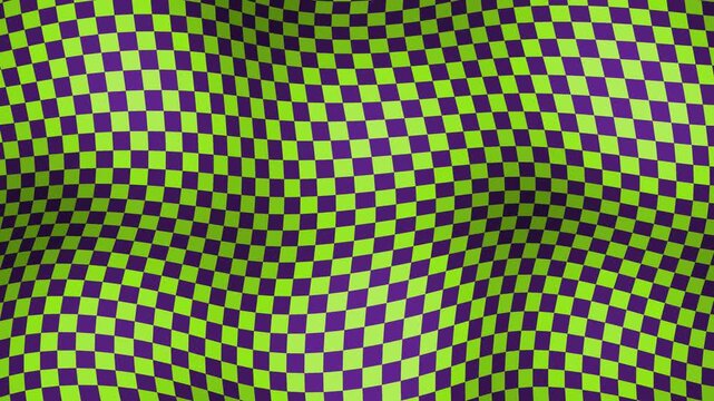 Lime green and purple checkerboard warping like waving fabric, seamless loop