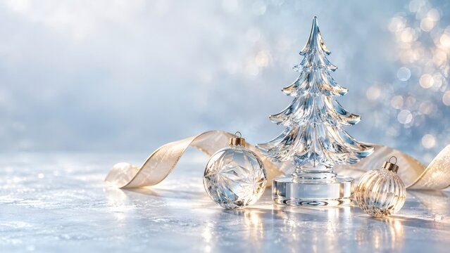 Glass Christmas Tree with Clear Ornaments and Gold Ribbon