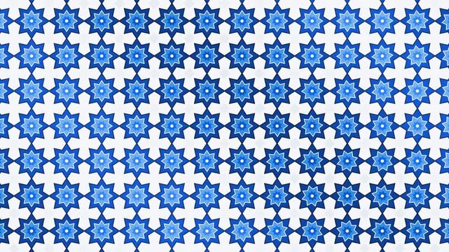 Cobalt blue Islamic geometric star tiles on white like Moroccan zellige, seamless loop