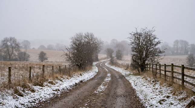 Rural road covered in first snow during winter snowfall  