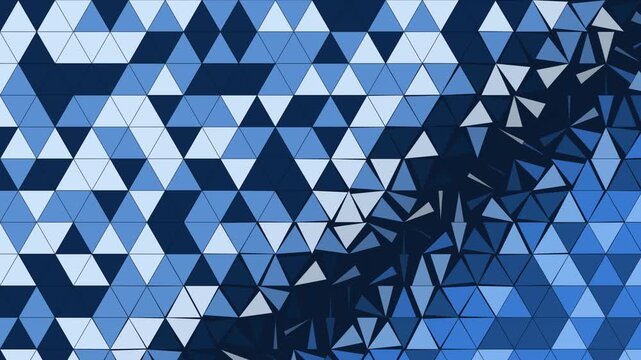 Origami triangles flipping over in waves in shades of blue, seamless loop