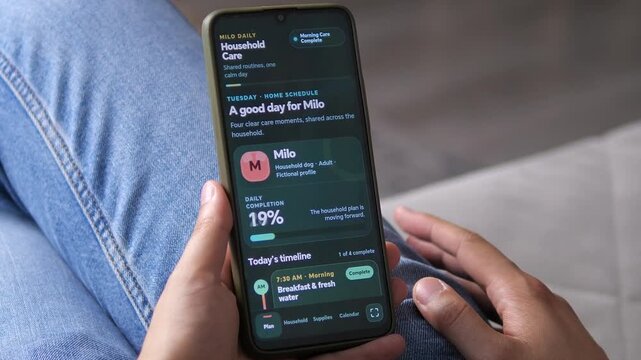 Smartphone tracks a dogs daily care progress from 0 percent to 50 percent , showing how digital routines help households organize feeding, walking and shared pet responsibilities.