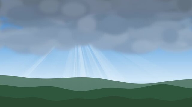 Bright white sun rays shining through clouds in a clear blue daytime sky, seamless loop