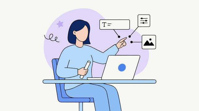 Woman creating digital content on laptop, interacting with text and image tools