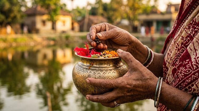 Woman performing ritual offering with brass arghya pot during Salhesh festival in Bihar. Close up of hands holding sacred water vessel by village pond