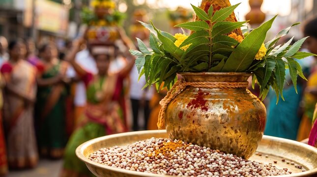 Extreme closeup of a decorated brass kalash with neem leaves and grains during Bonalu. Telangana Mahankali festival procession