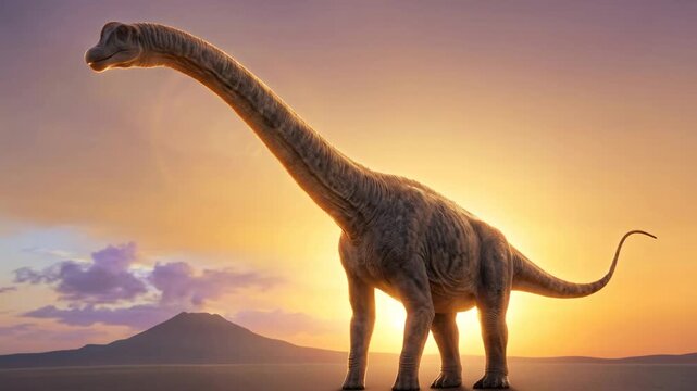 Puertasaurus close up at sunset light with volcano behind prehistoric dinosaur