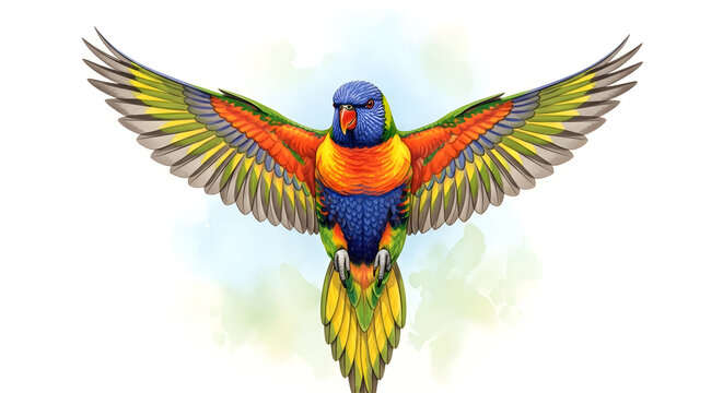 Colorful flying parrot illustration for nature education, wildlife conservation, or tropical marketing campaigns