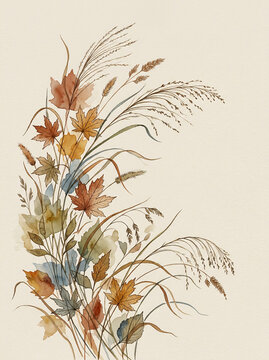 An exquisite watercolor illustration of vibrant fall foliage, featuring a graceful cover of maple leaves and wild grasses, celebrating the beauty of autumn's changing colors