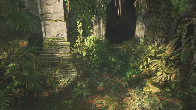 Lush foliage and vibrant plants surround a mysterious doorway in a forgotten structure, hinting at stories of the past in a tranquil jungle setting.